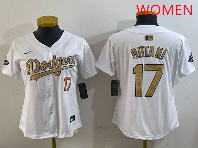 Women Los Angeles Dodgers #17 Ohtani White Champion gold character 2025 Nike MLB Jersey style 5->women mlb jersey->Women Jersey